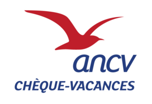 Le logo de l'ANCV symbolisant vacances abordables et joie familiale, avec l'oiseau stylisé et le texte dynamique.