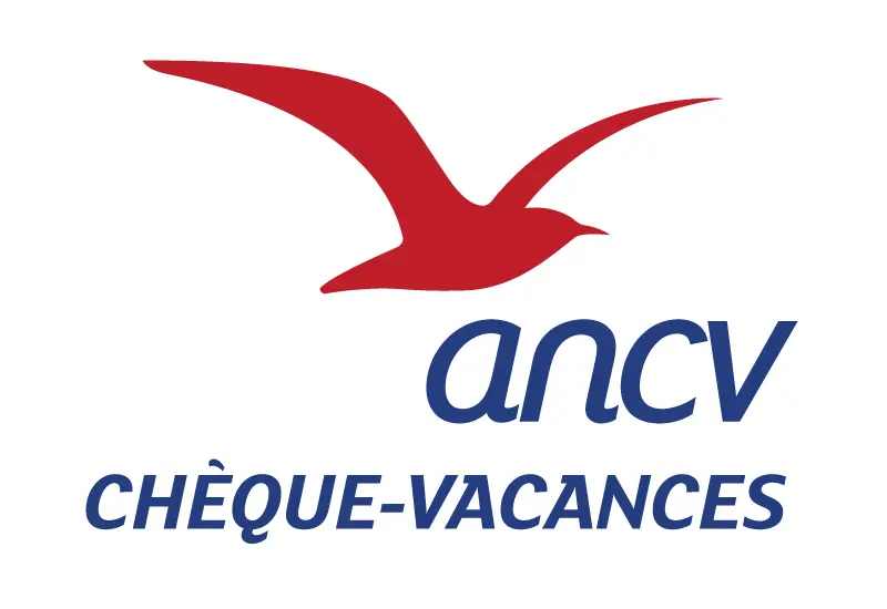 Le logo de l'ANCV symbolisant vacances abordables et joie familiale, avec l'oiseau stylisé et le texte dynamique.