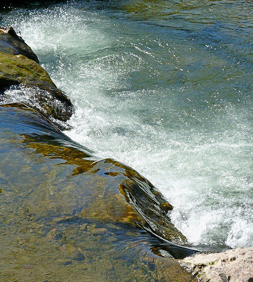 Rivière tranquille coulant sur des rochers, créant des flots et éclaboussures, entourée de végétation luxuriante.