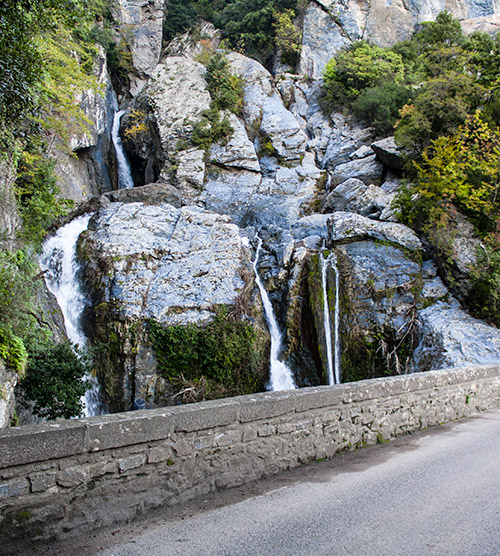 Image d'une cascade en pleine nature, l'eau coule sur des rochers couverts de mousse, créant une harmonie entre l'eau et la flore.