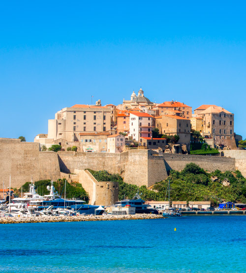 Vue imprenable de la citadelle de Calvi en Corse, surplombant les eaux turquoise ; alliance entre patrimoine historique et beauté naturelle.