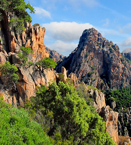 Montagnes impressionnantes et rochers distinctifs sous un ciel bleu, entourés de verdure, créant un havre paisible pour les randonneurs et les amoureux de la nature.