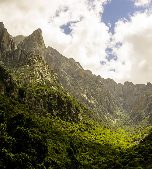 Image pittoresque de montagnes verdoyantes sous un ciel magnifique, évoquant une ambiance paisible et inspirante, avec des collines baignées de soleil et des nuages épars.