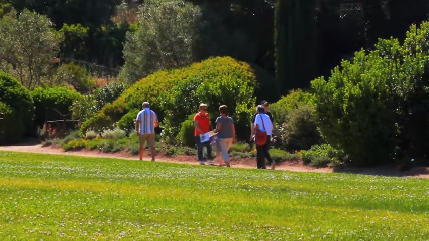Cette image capture une famille et des visiteurs profitant de la beauté d'un parc printanier, entourés de paysages floraux et de verdure luxuriante, mettant en valeur la convivialité et la joie des sorties en plein air.