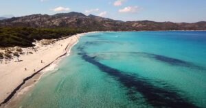 La plage de Saleccia en Corse dévoile son paysage idyllique avec des eaux bleu azur et un sable doré, entourée de montagnes et pinèdes verdoyantes.
