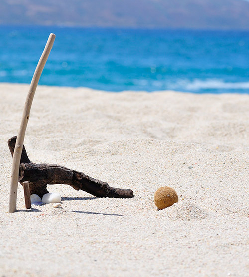 Image d'une plage sereine ensoleillée avec un morceau de bois flotté et une boule de sable sur du sable éclatant, parfaite pour évoquer la tranquillité et les souvenirs de moments paisibles passés au bord de l'eau.