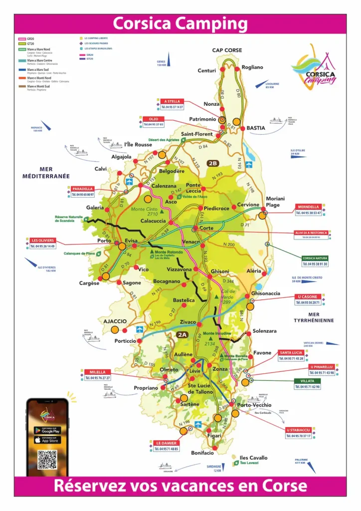 Carte_corsica_camping_2026-1 Carte interactive des campings en Corse Corsica Camping montrant les emplacements en bord de mer et montagne, sentiers GR20 et itinéraires Mare a Mare pour des vacances en plein air.