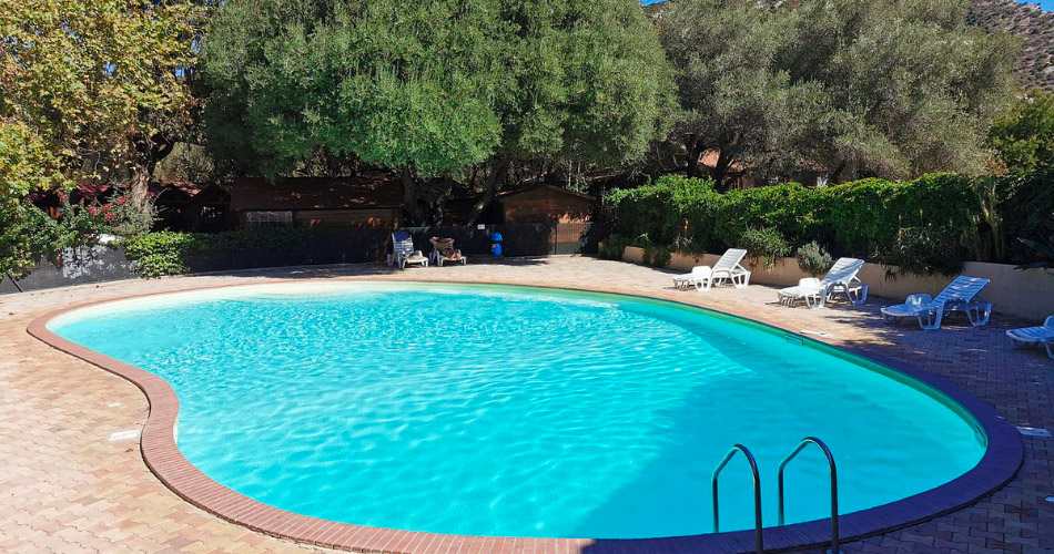 Piscine d'extérieur accueillante entourée de nature, idéale pour détente et convivialité estivales.