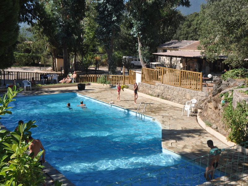 Scène estivale à la piscine du camping d'Olva, où les enfants partagent rire et baignade dans une ambiance familiale entourée de nature verdoyante.