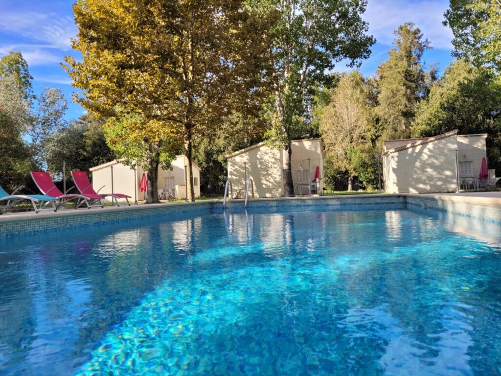 Image d'une piscine entourée d'arbres luxuriants et baignée de soleil, offrant un espace de relaxation idéal.