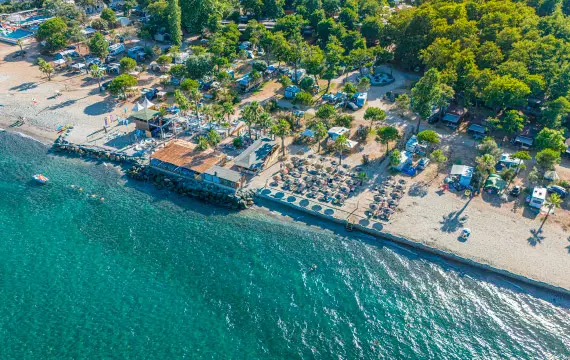 vacances-en-bord-de-mer-a-la-plage-ensoleillee Image de plage offrant une vue sur des chaises longues, palmiers, tentes de camping, avec vacanciers sous le soleil et vagues.