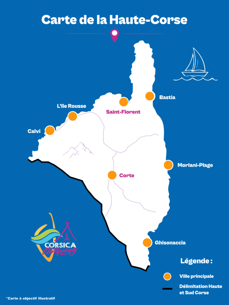 Carte Haute Corse Carte vectorielle de la Haute-Corse indiquant les villes principales comme Bastia, Calvi, L'Île-Rousse et Corte pour localiser son camping.