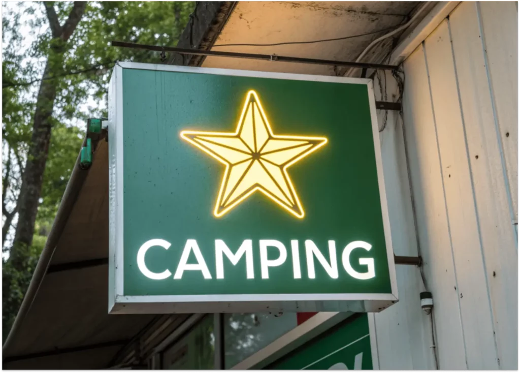 Comprendre la classification des campings en étoiles Enseigne moderne de camping avec étoile lumineuse représentant le classement de l’établissement.