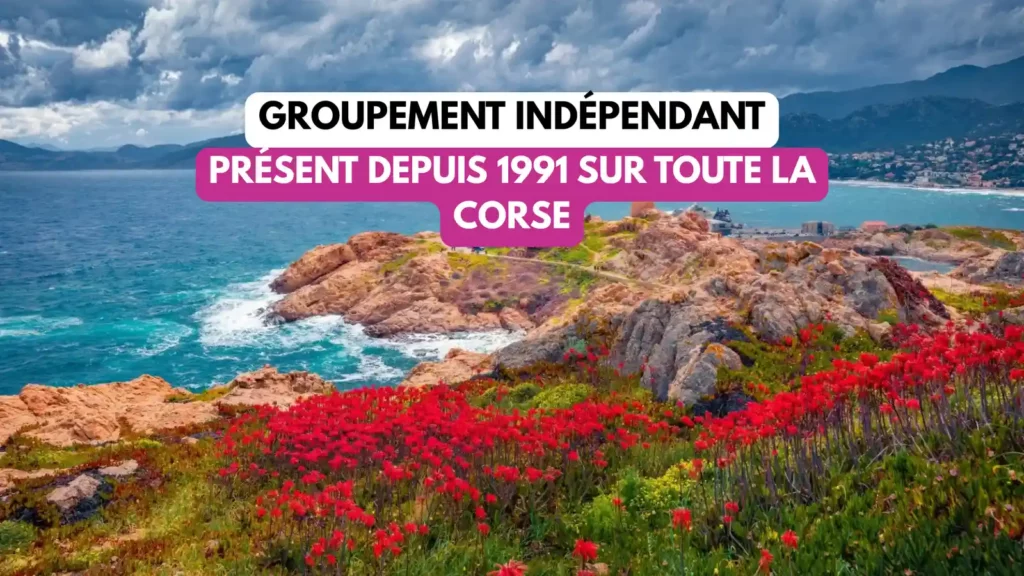 groupement-campings-independants-corse-depuis-1991 Paysage littoral corse avec texte annonçant le groupement indépendant Corsica Campings présent sur toute l'île depuis 1991.