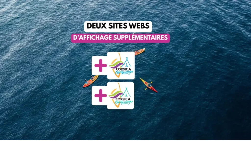 visibilite-digitale-supplementaire-camping-corse Vue aérienne de kayaks en mer avec logos Corsica Campings symbolisant deux sites web d'affichage supplémentaires pour les partenaires.