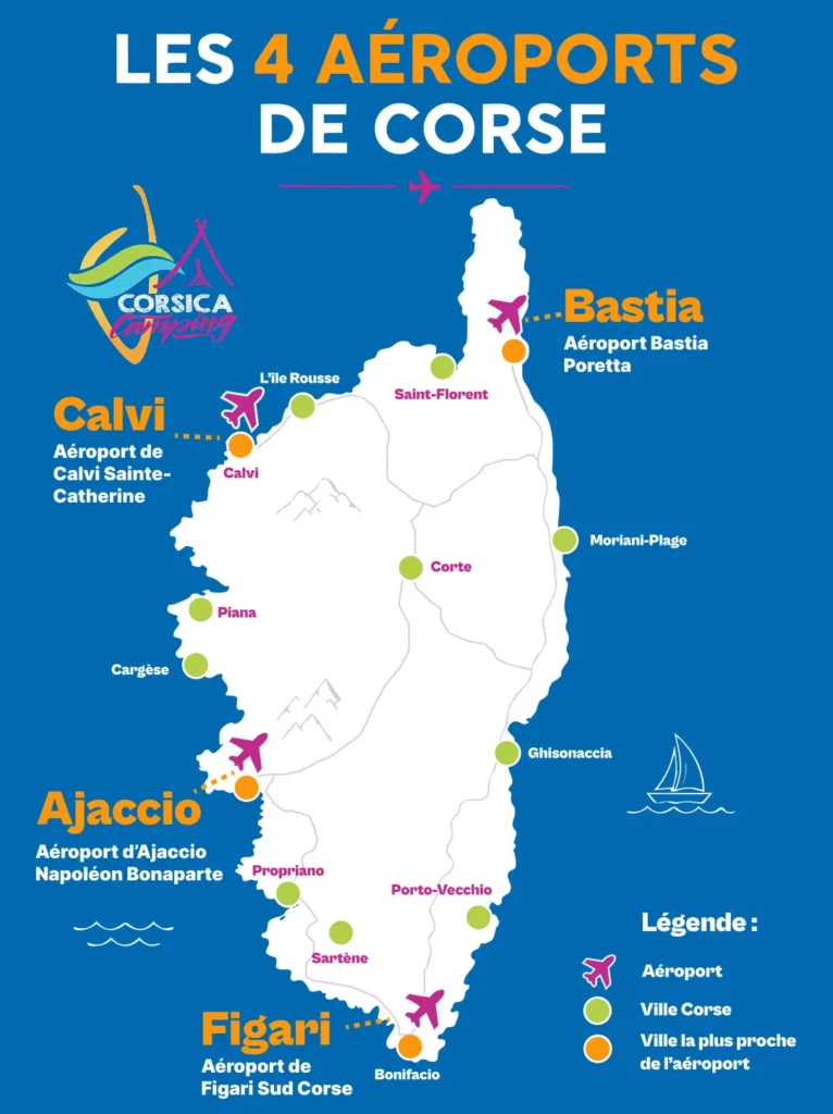 carte-aeroport-corse-vacances-corsica-camping-1 Infographie de la carte de Corse indiquant l'emplacement des 4 aéroports principaux : Bastia-Poretta, Calvi-Sainte-Catherine, Ajaccio Napoléon Bonaparte et Figari Sud Corse.
