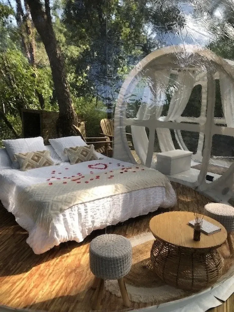 hebergement-insolite-en-corse Chambre à coucher douillette installée à l'intérieur d'une bulle transparente avec pétales de rose sur le lit et mobilier en rotin.